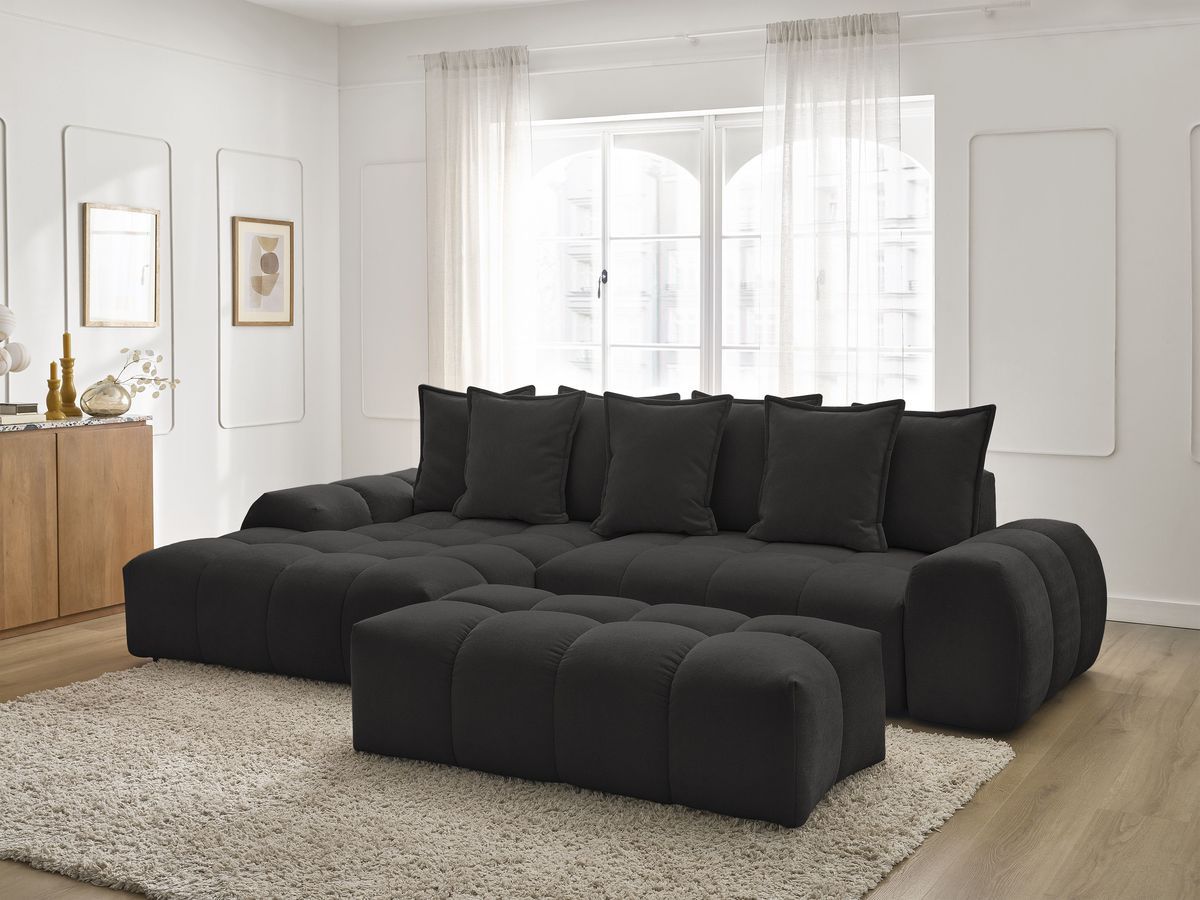 Bobochic Everest Ecksofa mit Schlaffunktion und Bettkasten und Pouf 318 × 180 cm, 7 Kissen Strukturstoff Schwarz Ecke links