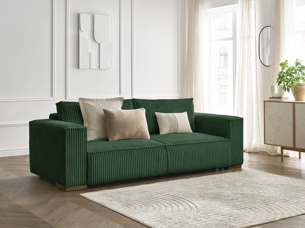 Bobochic Chelsea Schlafsofa 3-Sitzer mit Bettkasten Breitcord weich Grün