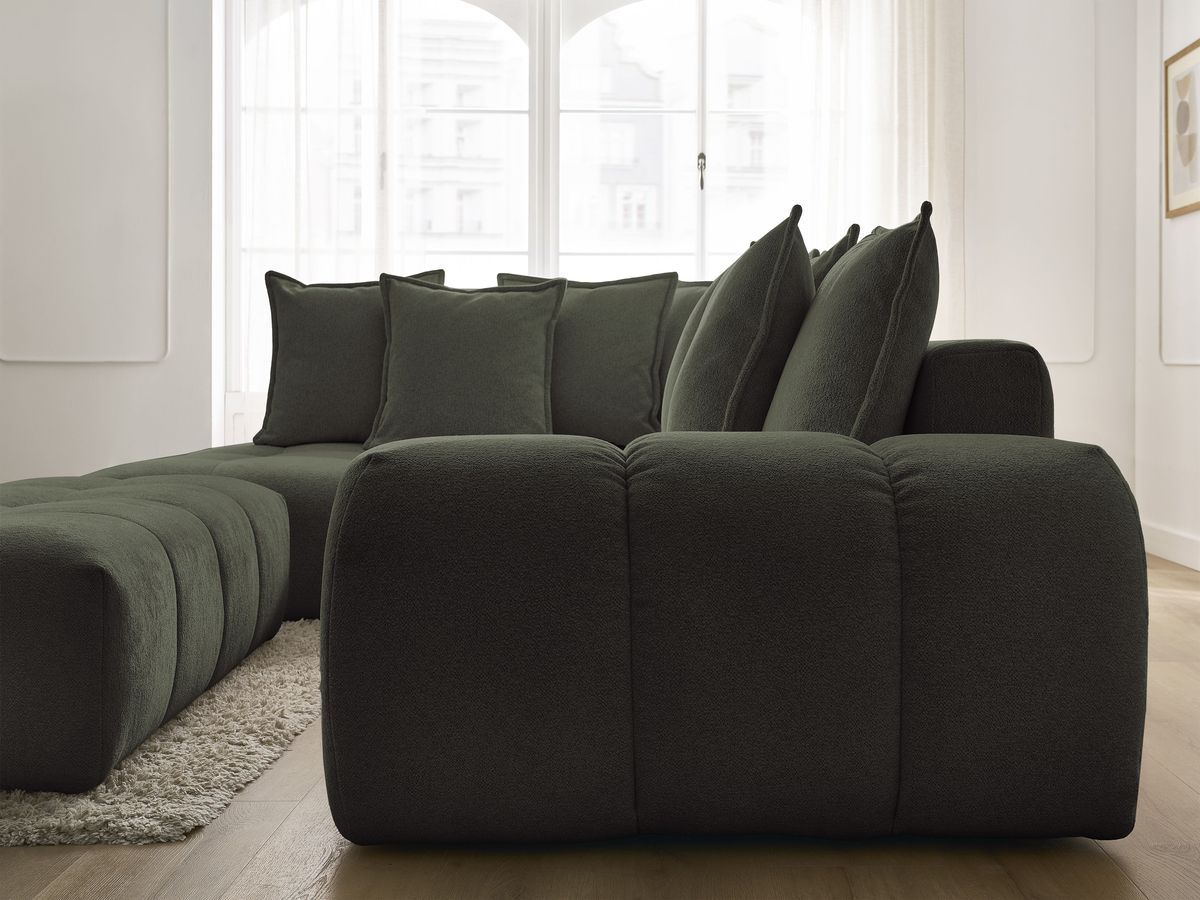 Bobochic Everest Ecksofa mit Schlaffunktion und Bettkasten und Pouf 320 × 212 cm, 10 Kissen Melange-Stoff Grün Ecke links