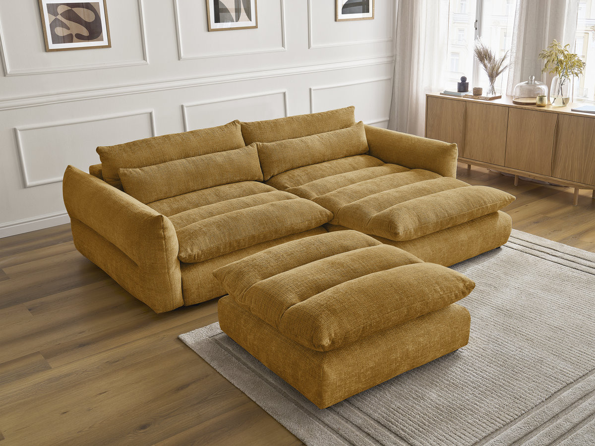 Bobochic Neil Ecksofa mit Pouf Strukturstoff Gelb Ecke rechts