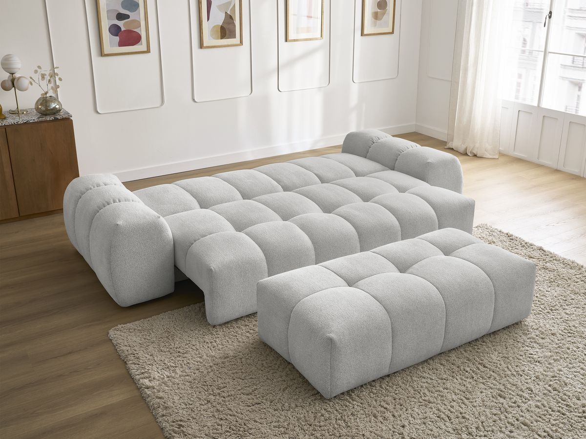 Bobochic Everest Schlafsofa 3-Sitzer mit Bettkasten und Pouf, 5 Kissen Melange-Stoff Hellgrau