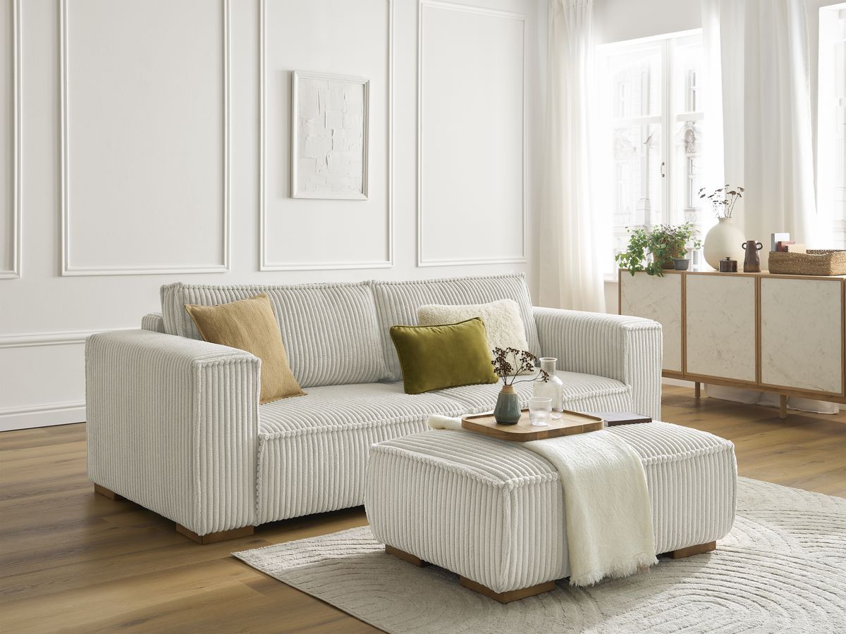 Bobochic Chelsea Sofa 4-Sitzer mit Pouf Breitcord weich Beige