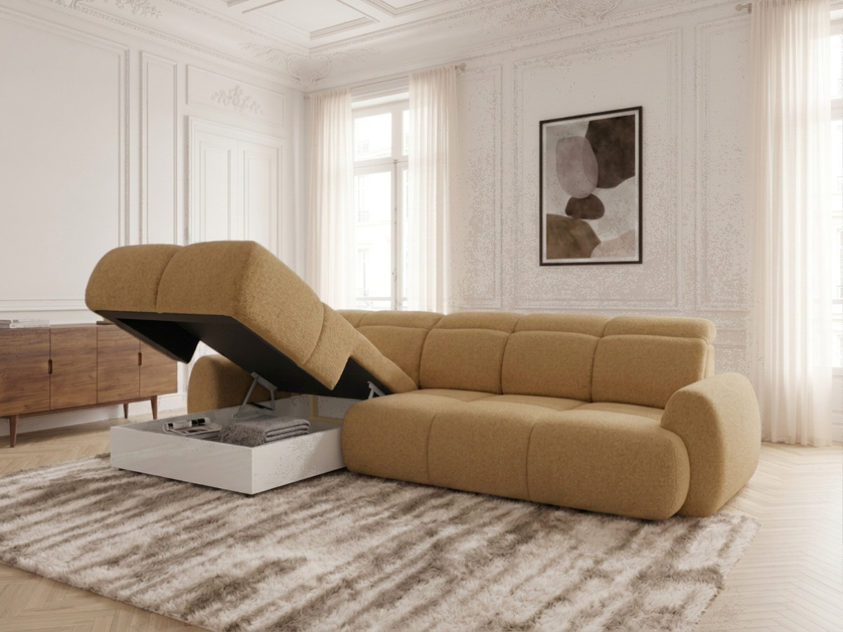Bobochic Ruby Ecksofa mit Schlaffunktion und Bettkasten Chenille Gelb Ecke links