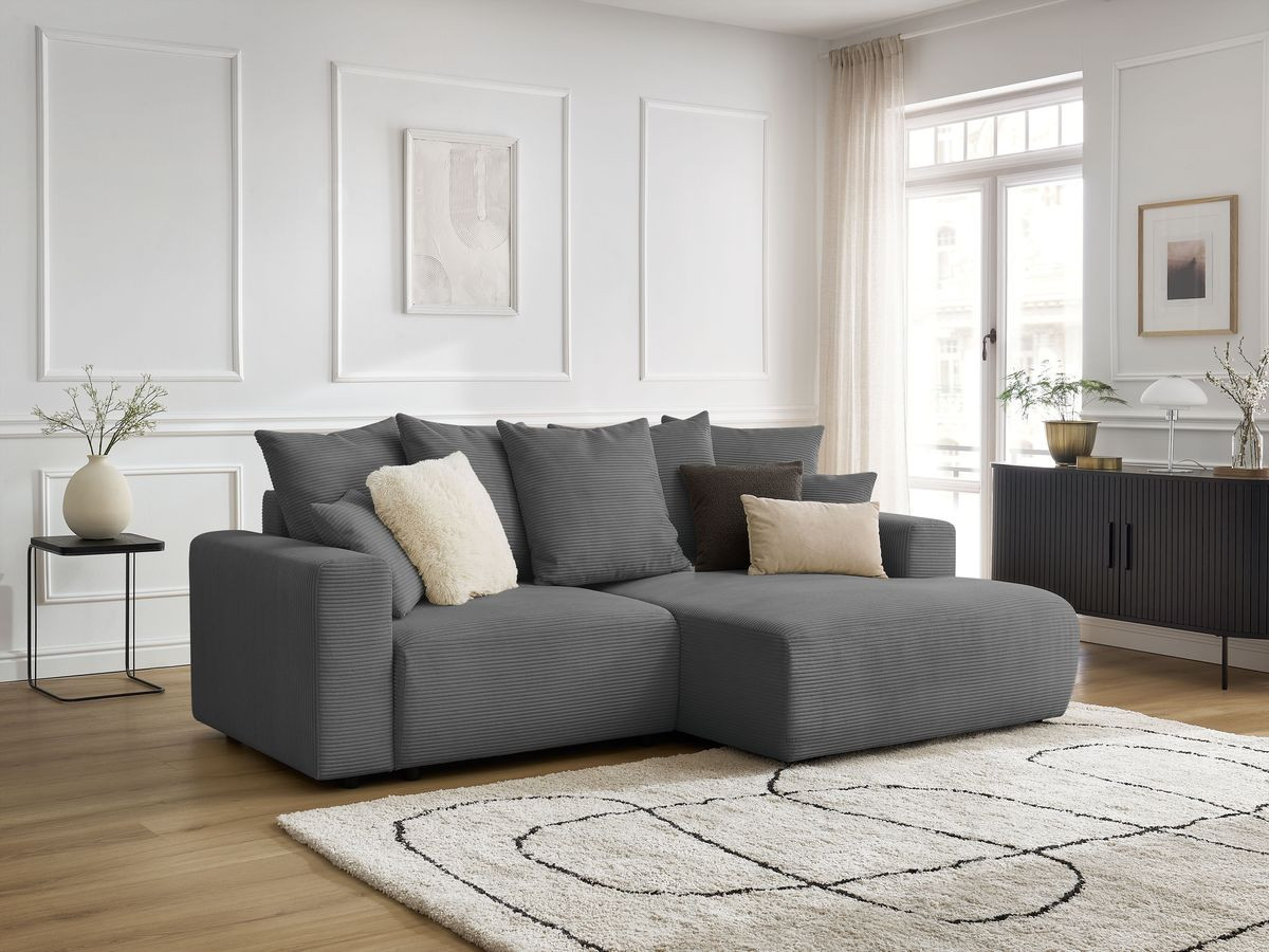 Bobochic Atilla Ecksofa mit Schlaffunktion und Bettkasten Cordsamt Dunkelgrau Ecke rechts