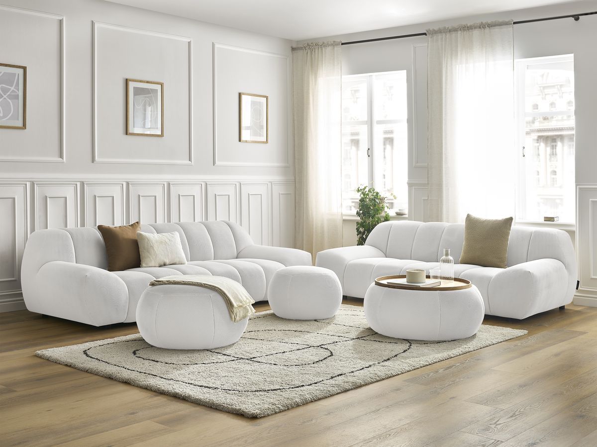 Bobochic Hayden Sofa-Set 3- und 2-Sitzer mit 3 Poufs Mesh-Stoff Weiß