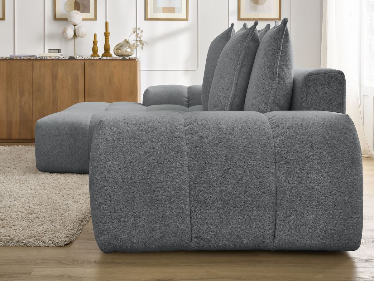 Bobochic Everest Ecksofa mit Schlaffunktion und Bettkasten 318 × 180 cm, 7 Kissen Melange-Stoff Dunkelgrau Ecke links