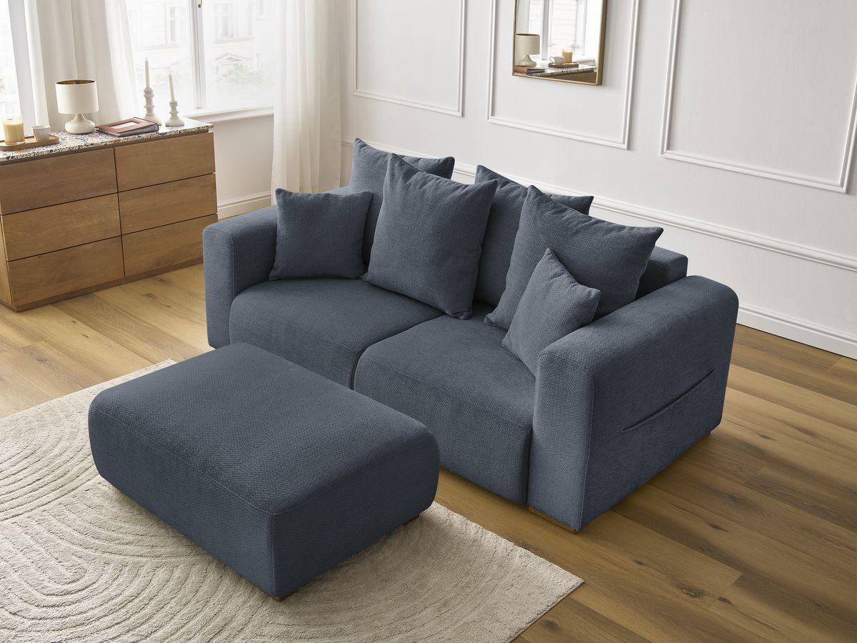 Bobochic Sidonie Sofa 3-Sitzer mit Pouf Melange-Stoff Dunkelblau