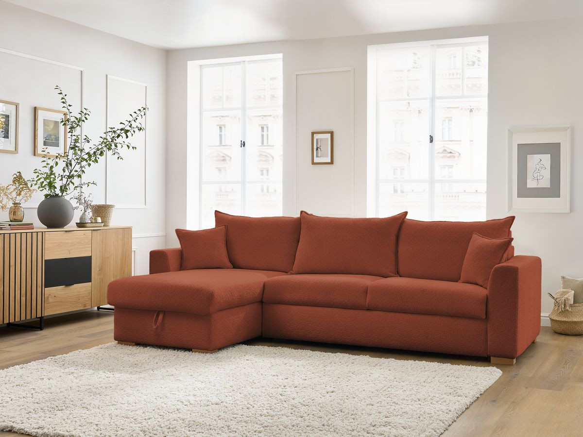 Bobochic Augustin Ecksofa mit Schlaffunktion und Bettkasten Bouclé-Stoff Orange, Liegefläche 140 × 200 cm
