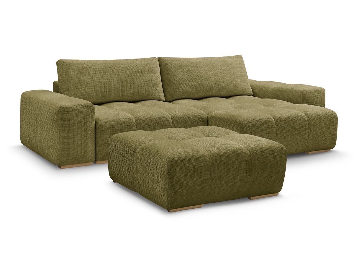Bobochic Anakin Ecksofa mit Schlaffunktion und Bettkasten und Pouf, 2 Kissen Strukturstoff Grün
