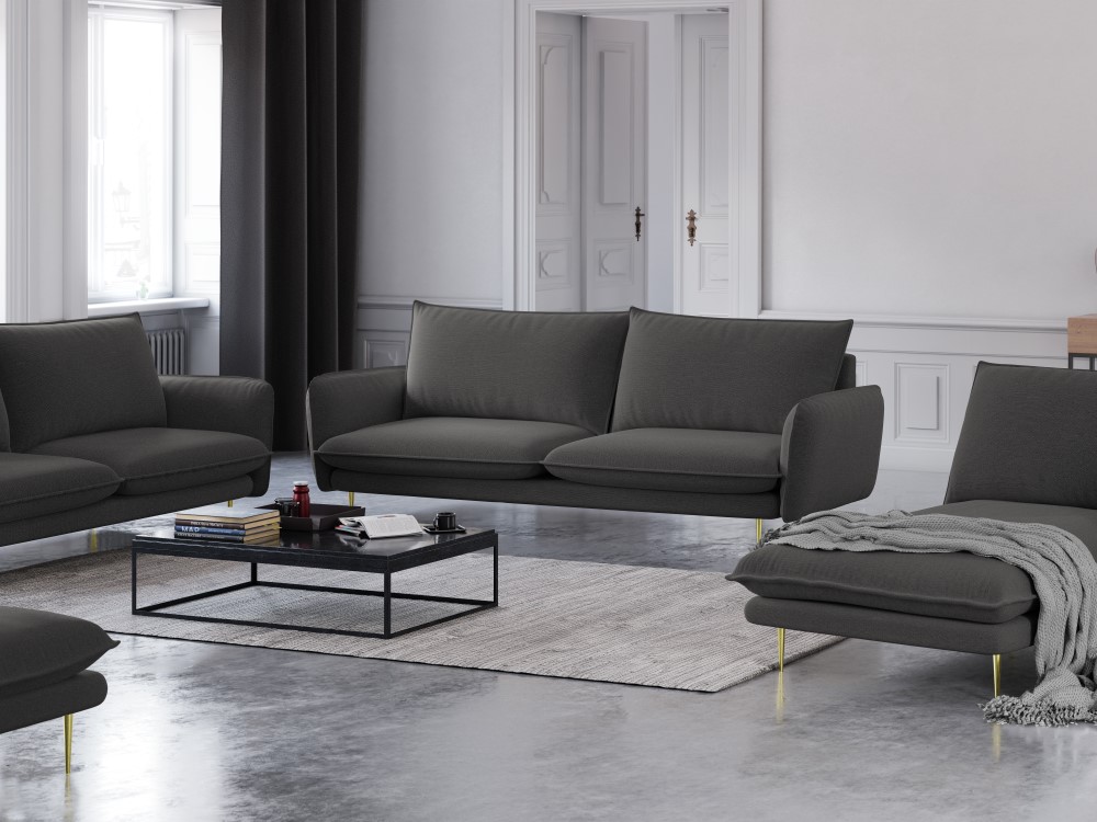 Cosmopolitan Design Sofa Vienna 3-Sitzer Strukturierter Stoff Positano Dunkelgrau Melange Beine Gold