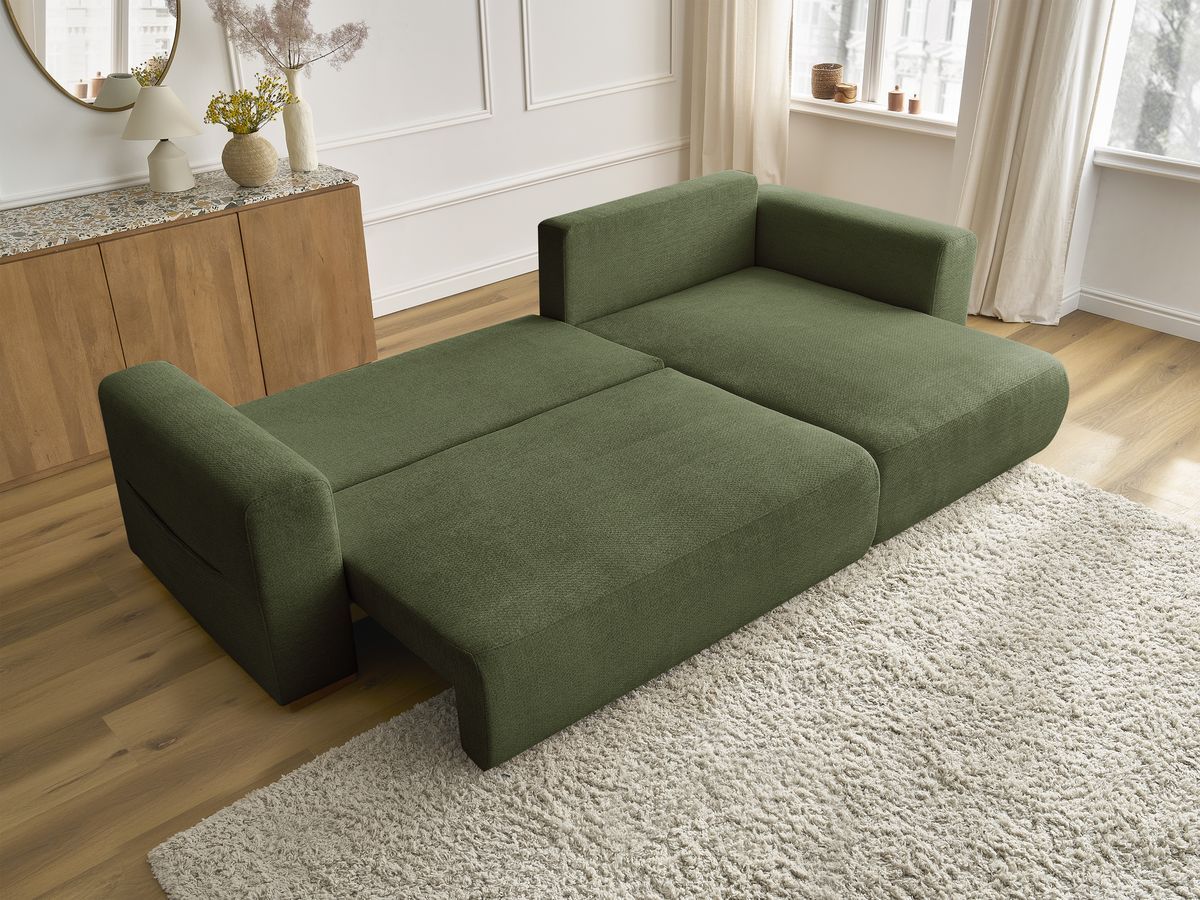 Bobochic Sidonie Ecksofa mit Schlaffunktion und Bettkasten Melange-Stoff Grün