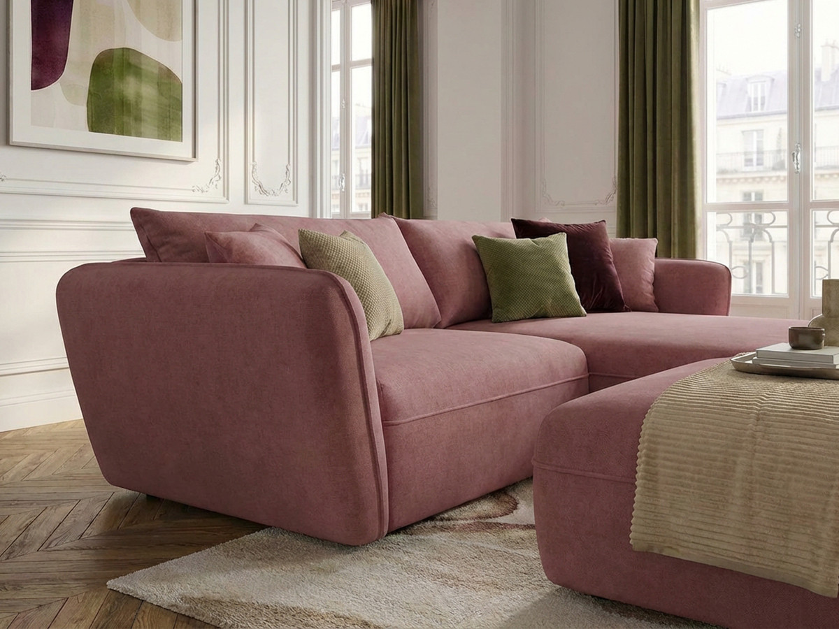 Bobochic Luigi Ecksofa mit Pouf Strukturstoff Rosa Ecke rechts
