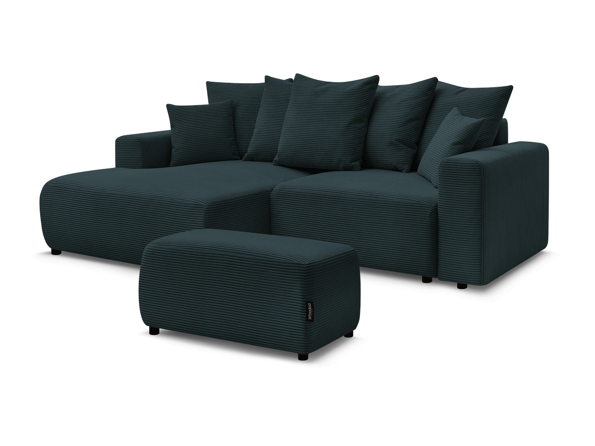 Bobochic Atilla Ecksofa mit Schlaffunktion und Bettkasten und Pouf Cordsamt Dunkelblau Ecke links