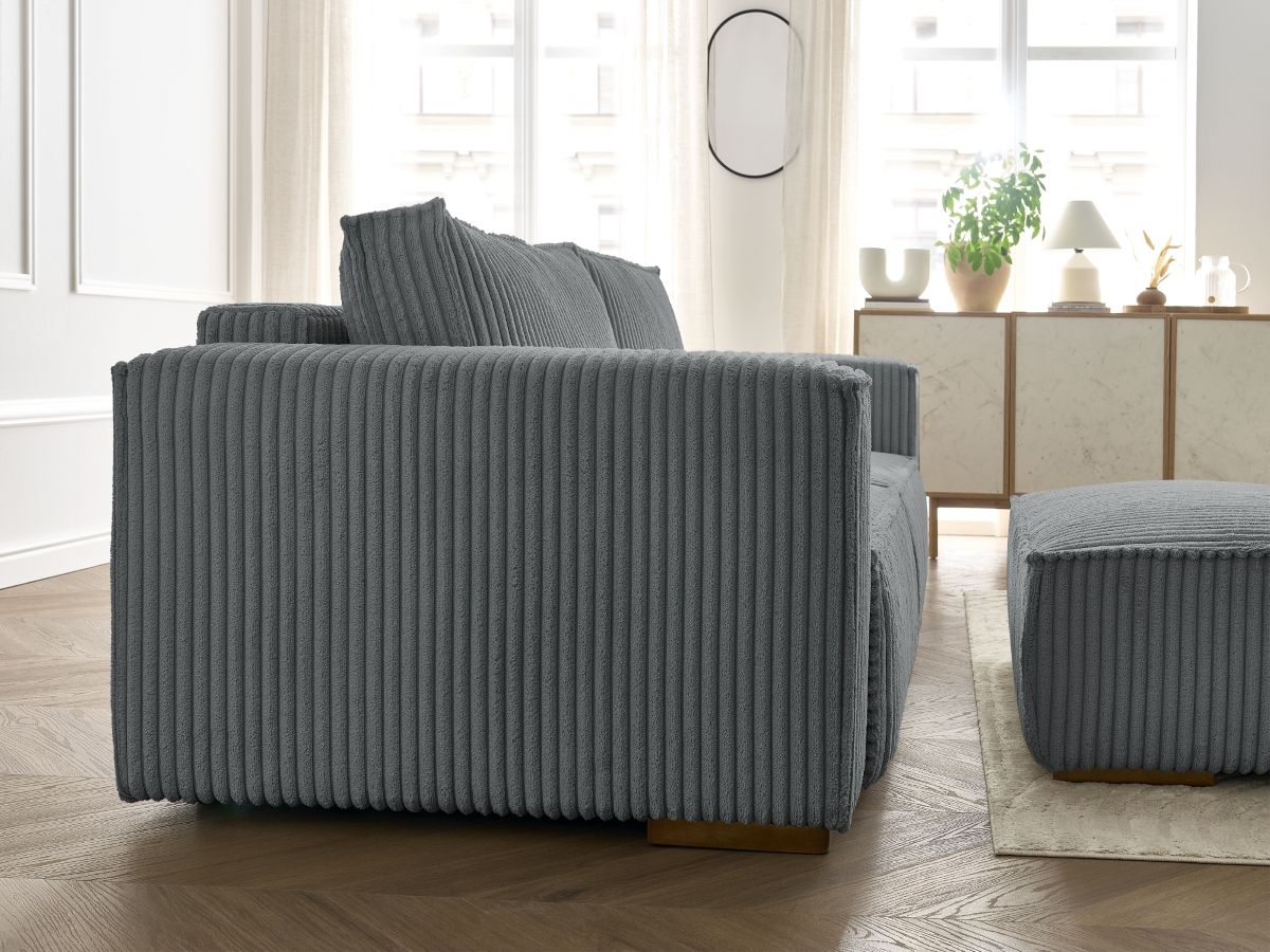 Bobochic Chelsea Schlafsofa 4-Sitzer mit Bettkasten und Pouf Breitcord weich Dunkelgrau