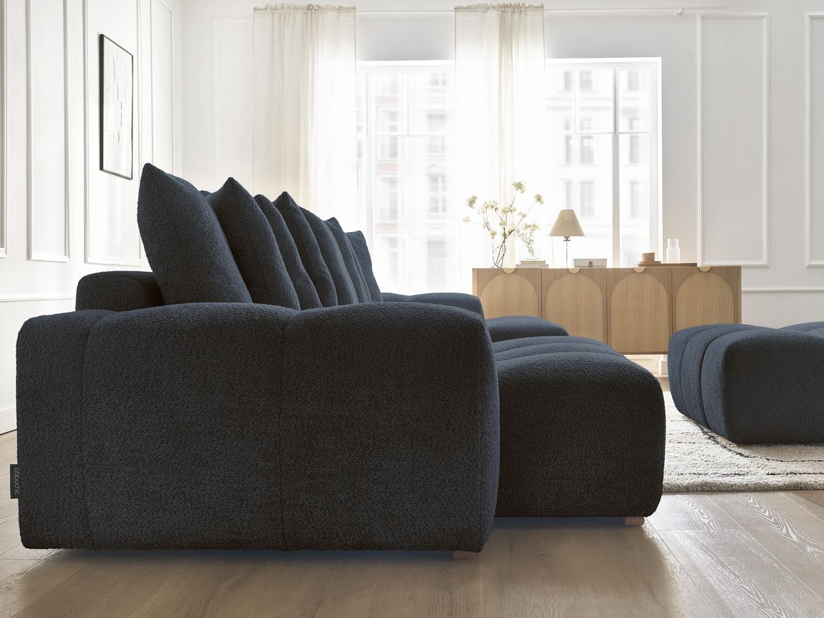 Bobochic Anakin Wohnlandschaft mit Pouf, 10 Kissen Bouclé-Stoff Dunkelblau