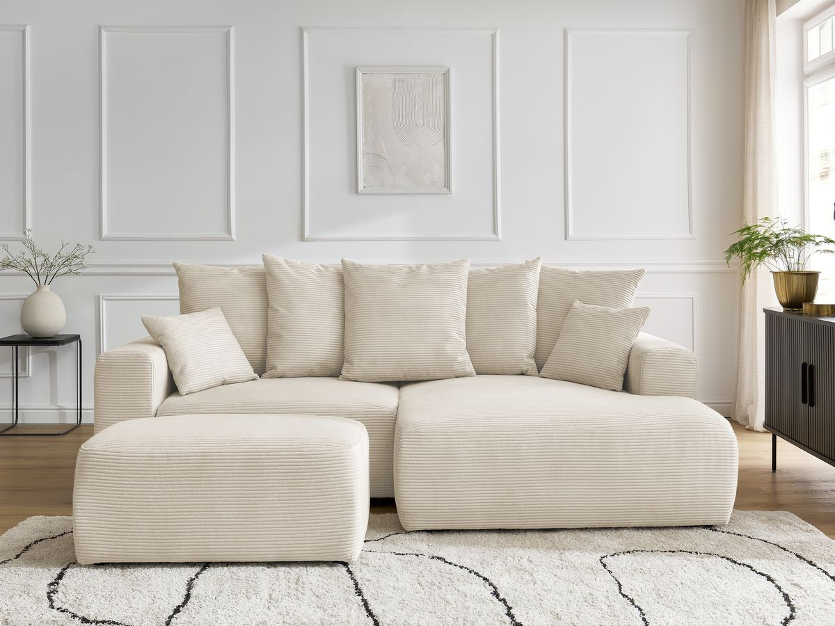 Bobochic Atilla Ecksofa mit Schlaffunktion und Bettkasten und Pouf Cordsamt Beige Ecke rechts