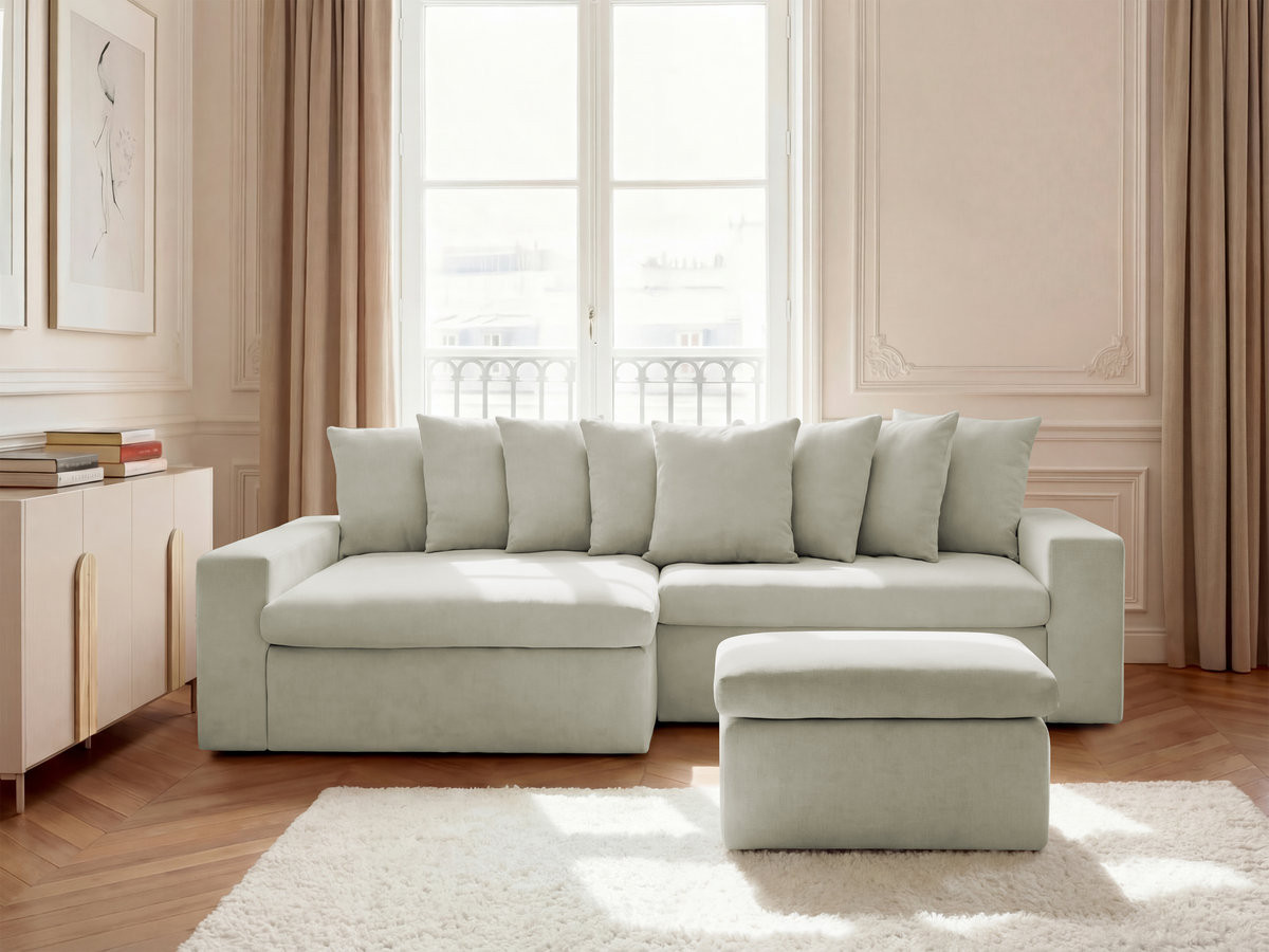Bobochic Enore Ecksofa mit Pouf Stoff Beige Ecke links