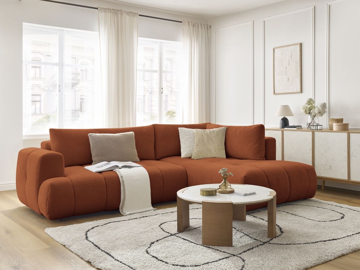 Bobochic Fuji Ecksofa mit Schlaffunktion und Bettkasten 282 × 204 cm Stoff Orange Ecke rechts