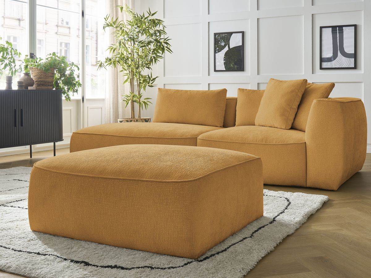 Bobochic Leopold Sofa 4-Sitzer mit Pouf Strukturstoff Gelb Armlehne rechts