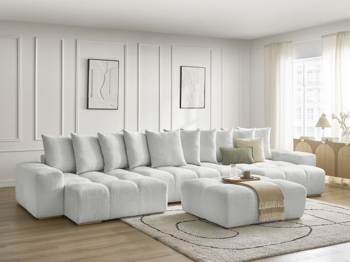 Bobochic Anakin Wohnlandschaft mit Pouf, Liegefläche 137 × 382 cm, 10 Kissen Strukturstoff Hellgrau