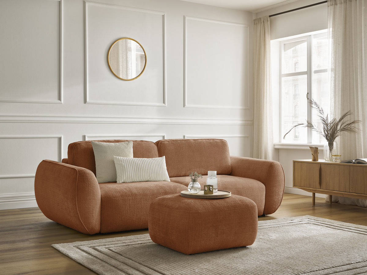 Bobochic Denise Schlafsofa 3-Sitzer mit Bettkasten und Pouf Strukturstoff Orange