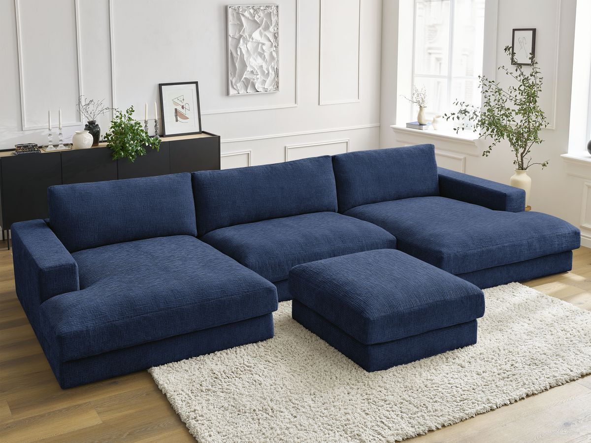 Bobochic Leonard Wohnlandschaft mit Pouf 404 × 159 cm Strukturstoff Dunkelblau