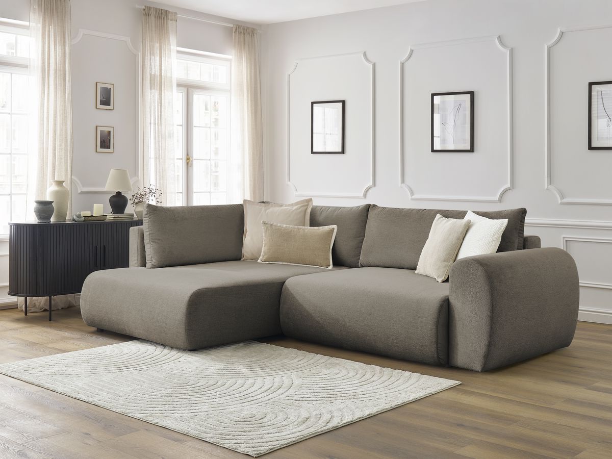 Bobochic Lucien Ecksofa mit Schlaffunktion und Bettkasten 296 × 198 cm Stoff Taupe Ecke links