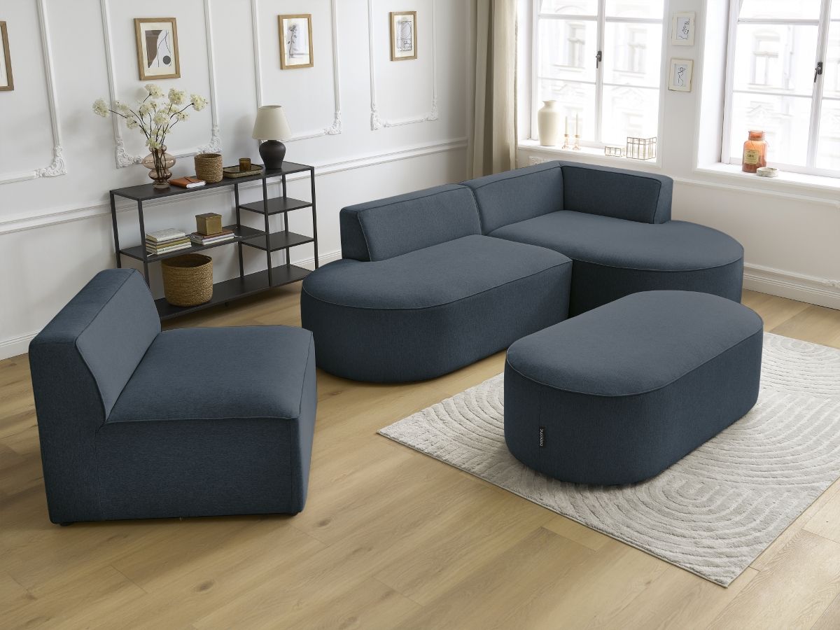 Bobochic Rousseau Ecksofa mit Sofamodul und Pouf Melange-Stoff Dunkelblau Ecke rechts