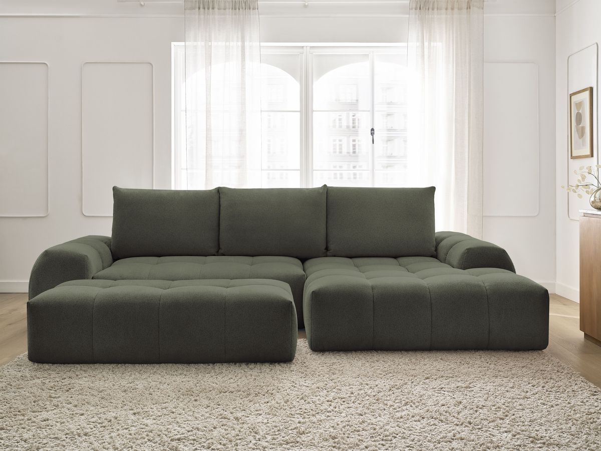 Bobochic Everest Ecksofa mit Schlaffunktion und Bettkasten und Pouf 318 × 180 cm, 3 Kissen Melange-Stoff Grün Ecke rechts