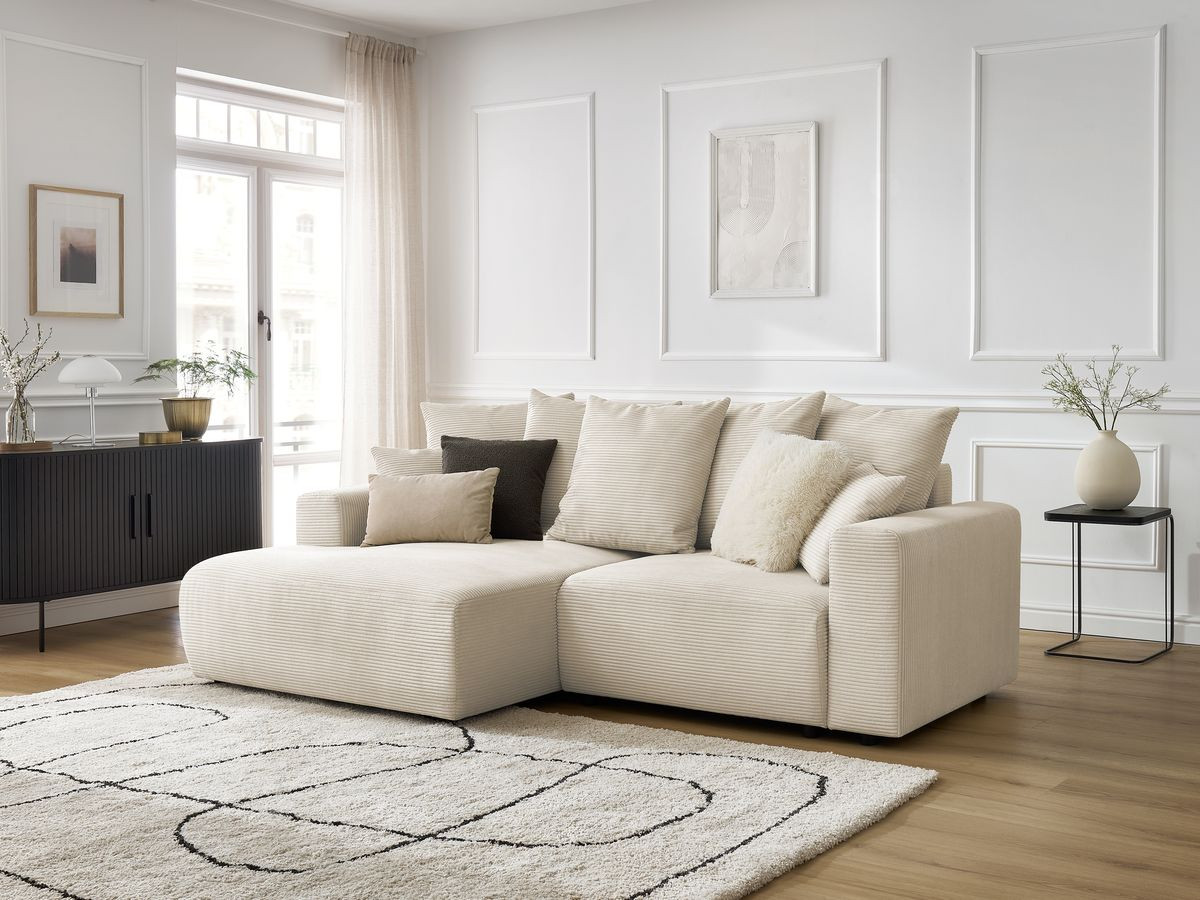 Bobochic Atilla Ecksofa mit Schlaffunktion und Bettkasten Cordsamt Beige Ecke links