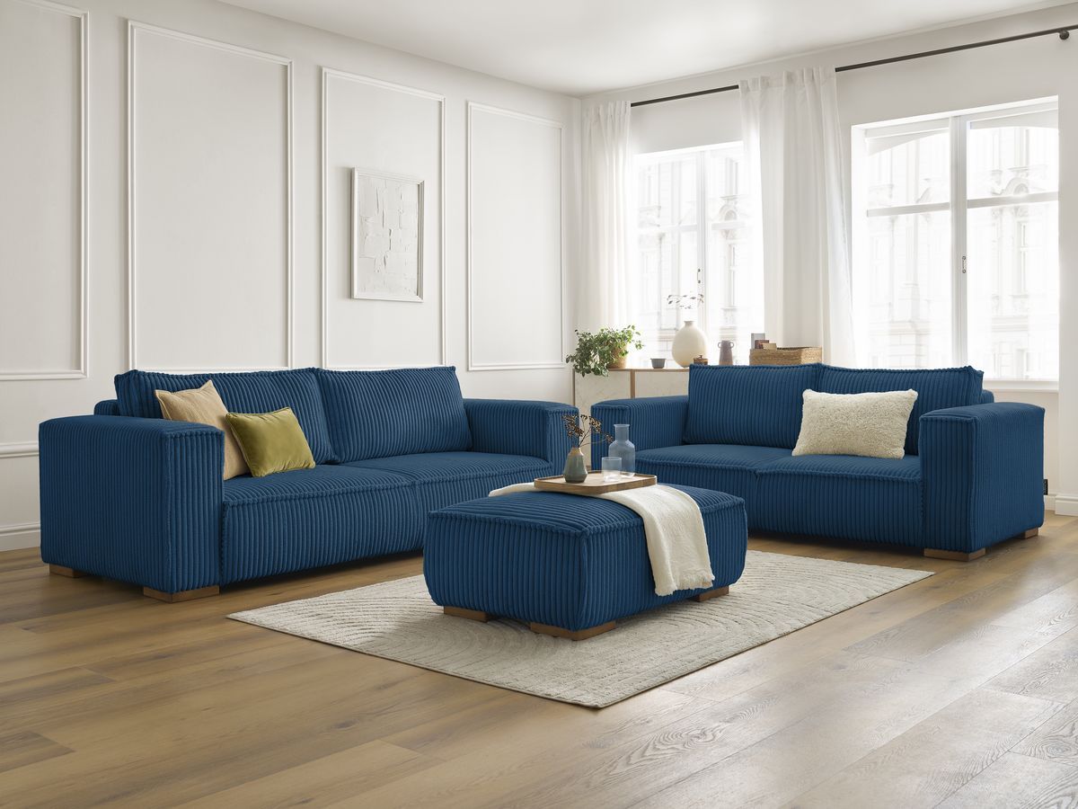 Bobochic Chelsea Sofa 6-Sitzer mit Pouf Breitcord weich Dunkelblau