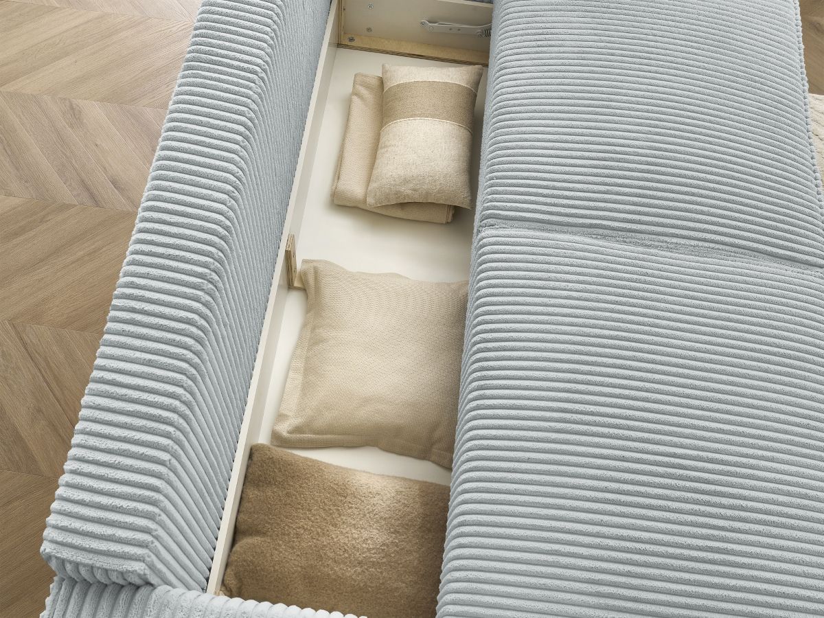 Bobochic Chelsea Schlafsofa 3-Sitzer mit Bettkasten Breitcord weich Hellgrau
