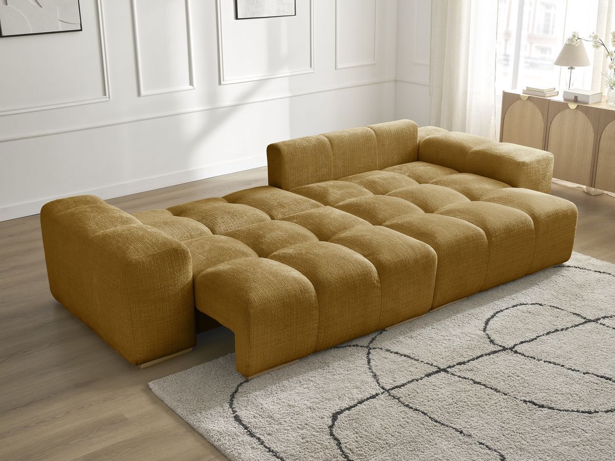 Bobochic Anakin Ecksofa mit Schlaffunktion und Bettkasten, 6 Kissen Strukturstoff Gelb