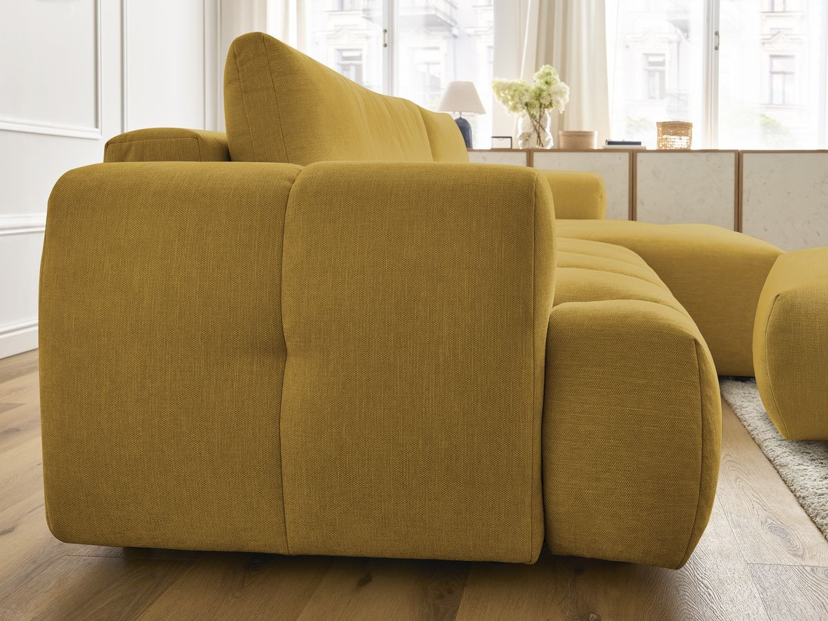 Bobochic Fuji Ecksofa mit Schlaffunktion und Bettkasten und Pouf 292 × 160 cm Stoff Gelb Ecke rechts
