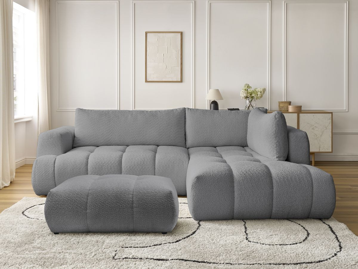 Bobochic Fuji Ecksofa mit Schlaffunktion und Bettkasten und Pouf 282 × 204 cm Bouclé-Stoff Dunkelgrau Ecke rechts