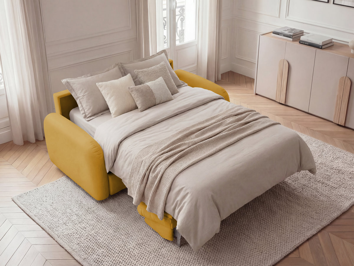 Bobochic Kenan Schlafsofa 3-Sitzer Stoff Gelb, Liegefläche 140 × 196 cm