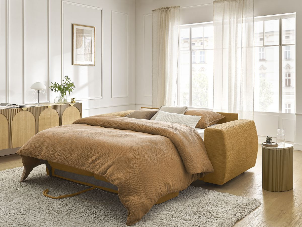 Bobochic Hugo Schlafsofa 3-Sitzer Strukturstoff Gelb, Liegefläche 160 × 190 cm
