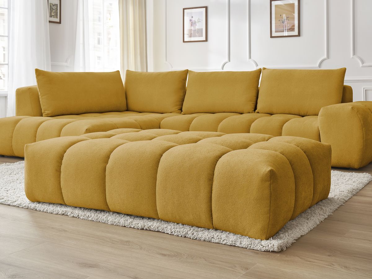 Bobochic Everest Ecksofa mit Schlaffunktion und Pouf, 4 Kissen Strukturstoff Gelb Ecke links