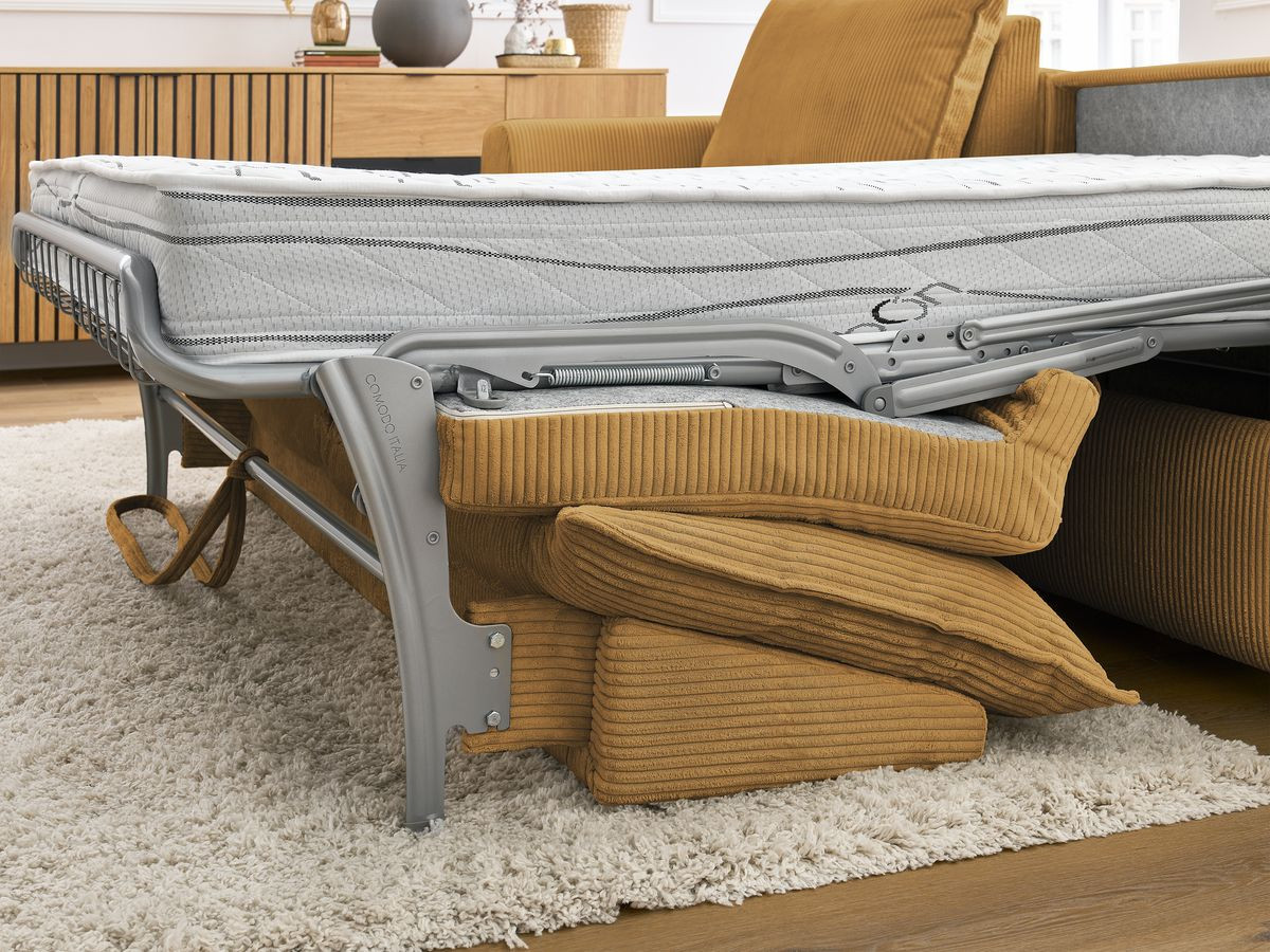 Bobochic Augustin Ecksofa mit Schlaffunktion und Bettkasten Cordsamt Gelb, Liegefläche 160 × 200 cm
