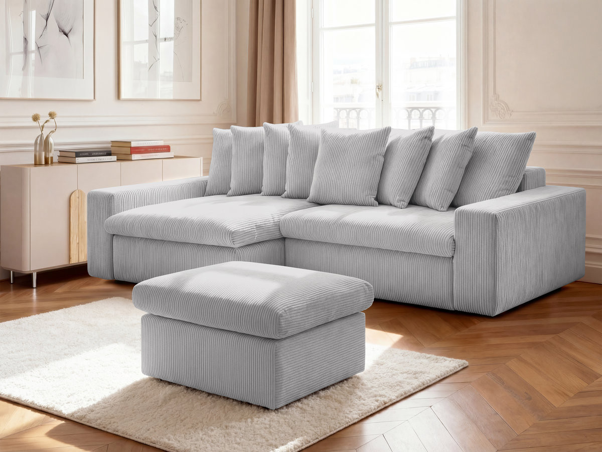 Bobochic Enore Ecksofa mit Pouf Cordsamt Hellgrau Ecke links