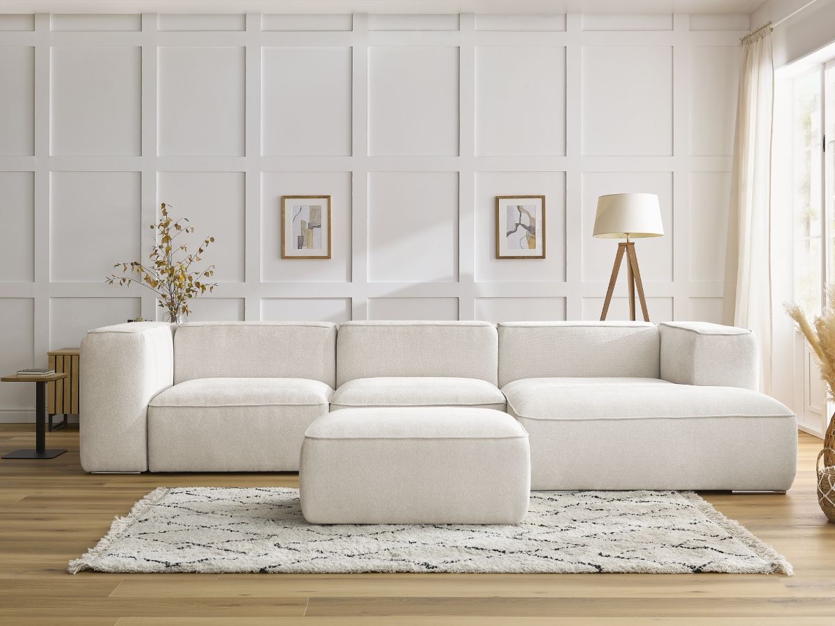 Bobochic Zephyr Ecksofa mit Pouf 349 × 165 cm Strukturstoff Weiß Ecke rechts