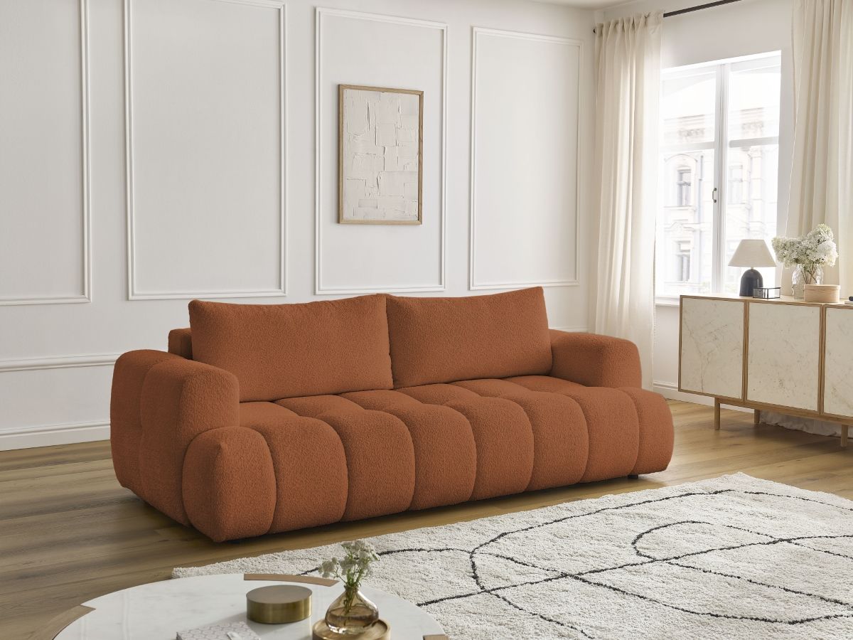 Bobochic Fuji Schlafsofa 3-Sitzer mit Bettkasten Bouclé-Stoff Orange