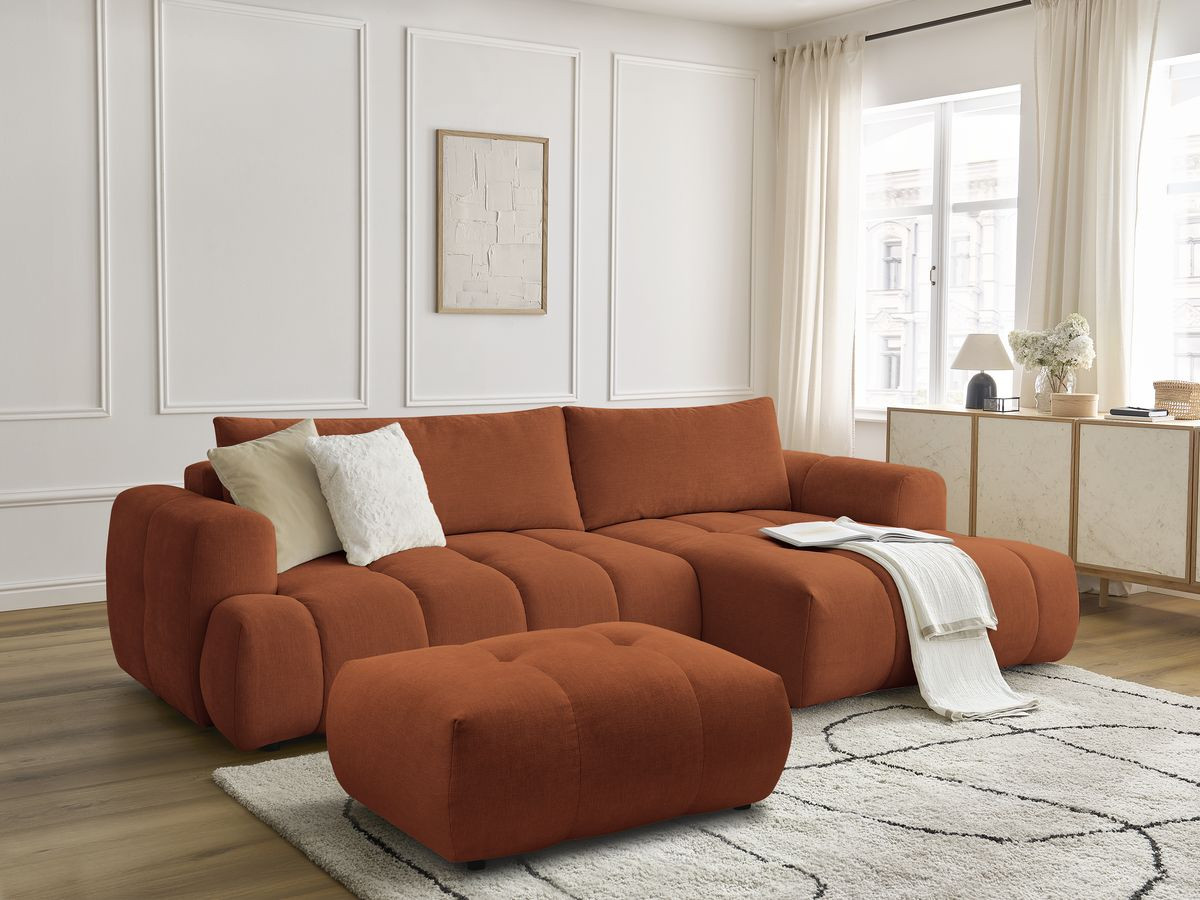 Bobochic Fuji Ecksofa mit Schlaffunktion und Bettkasten und Pouf 292 × 160 cm Stoff Orange Ecke rechts