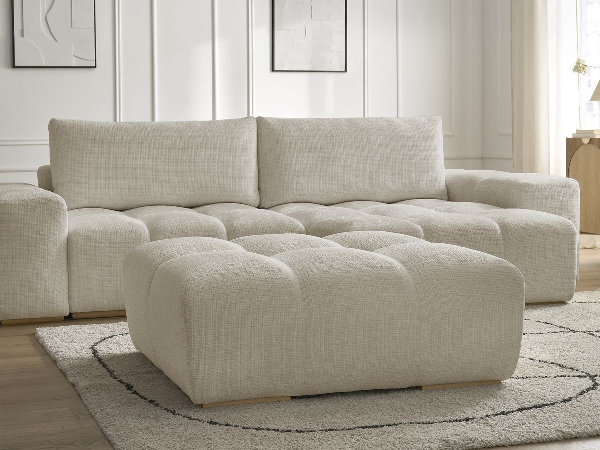 Bobochic Anakin Ecksofa mit Schlaffunktion und Bettkasten und Pouf, 2 Kissen Strukturstoff Beige