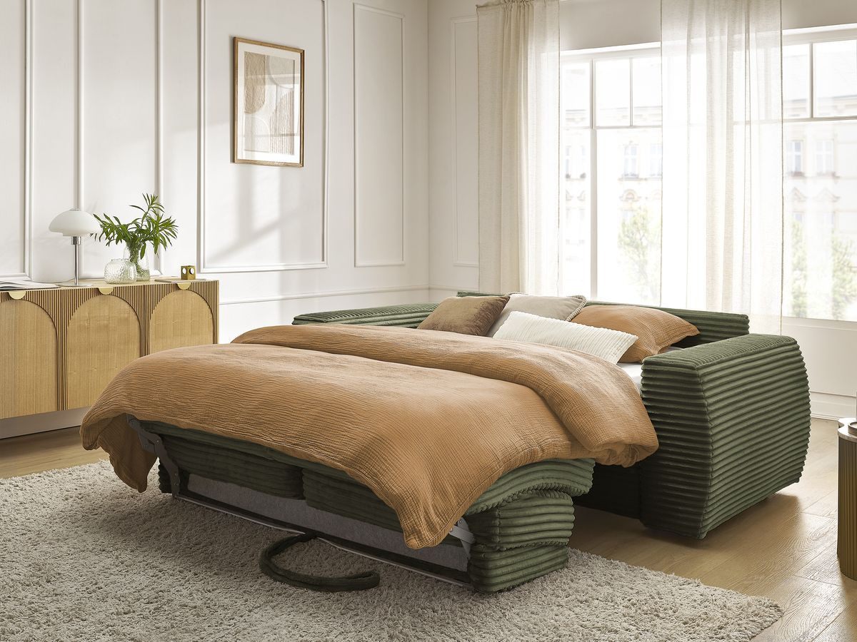 Bobochic Hugo Schlafsofa 3-Sitzer Cordsamt Grün, Liegefläche 140 × 190 cm