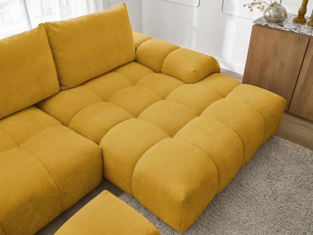 Bobochic Everest Ecksofa mit Schlaffunktion und Bettkasten und Pouf 318 × 180 cm, 3 Kissen Strukturstoff Gelb Ecke rechts