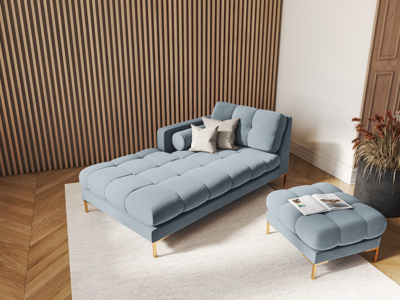 Cosmopolitan Design Chaiselongue Bali Samt Bluvel Hellblau Links Beine Gold