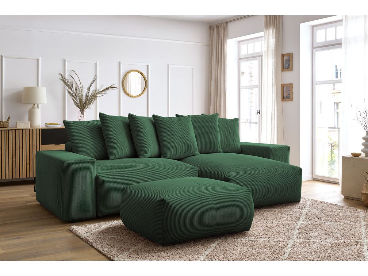 Bobochic Voltaire Ecksofa mit Schlaffunktion und Bettkasten und Pouf Cordsamt Grün