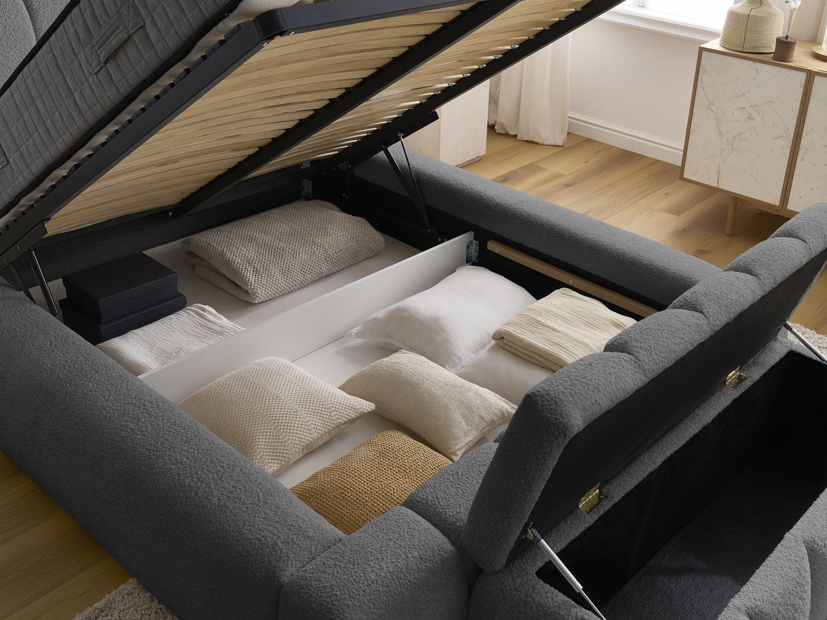 Bobochic Denali Polsterbett mit Bettkasten mit Bettbank Bouclé-Stoff Dunkelgrau, Liegefläche 180 × 200 cm