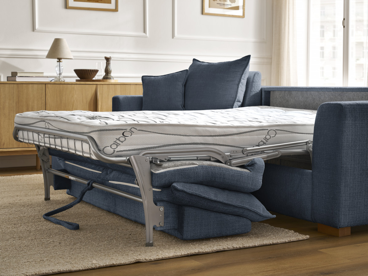 Bobochic Augustin Ecksofa mit Schlaffunktion und Bettkasten Strukturstoff Dunkelblau, Liegefläche 140 × 200 cm
